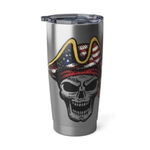 Patriotic Skull 20oz Travel Tumbler — "By the Strength of Our Backs and the Sweat of our Brows" Patriotic Pirate Skull Design, 'Vagabond' Insulated Cup