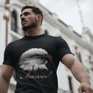 American Bald Eagle Patriotic T-Shirt — "America!" Script Design