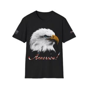 American Bald Eagle Patriotic T-Shirt — "America!" Script Design